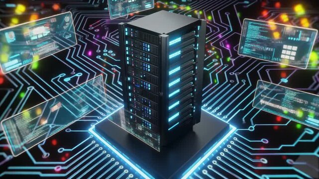 4K video of a futuristic server tower with neon lights and circuit boards