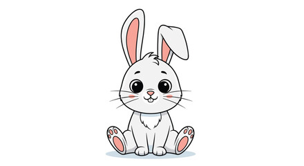 Obraz premium Adorable cartoon illustration of a white baby rabbit sitting down with large eyes and pink ears on a clean background.