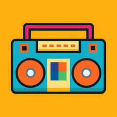 Colorful retro boombox illustration with a vibrant blue body and orange speakers on yellow background