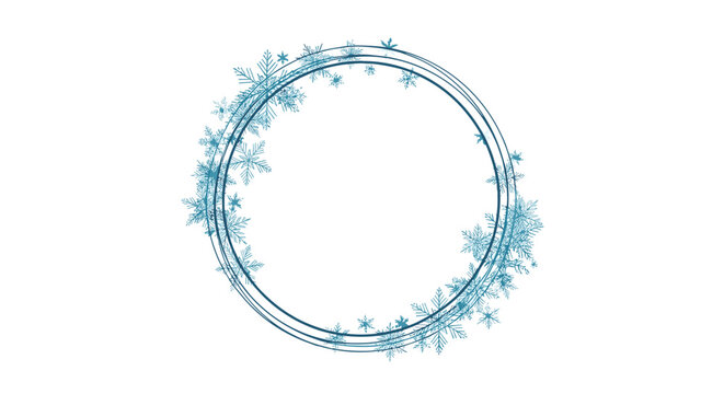 Delicate winter wreath composed of various blue snowflake patterns and thin circular lines for seasonal holiday designs.
