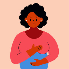 An illustration of a concerned african american woman performing a breast self examination.