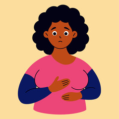 Illustration of a worried black woman performing a self breast examination for health awareness