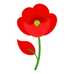 Simple stylized red flower illustration with a green stem and leaf on a white background