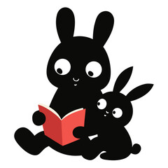 Two black rabbit silhouettes sitting together and reading a red book on white background