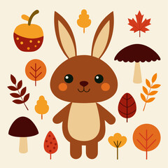 Cute brown cartoon rabbit surrounded by colorful autumn leaves and mushrooms on a beige background.