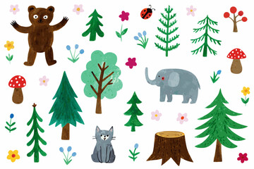 Fototapeta premium Whimsical illustration featuring a bear elephant and various forest elements