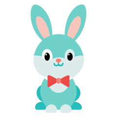Cute blue cartoon rabbit with a red bow tie sitting on a white background illustration.