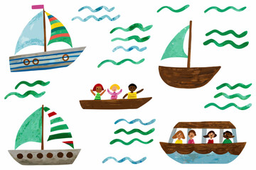 Naklejka premium Colorful illustration featuring sailboats rowboats and people on the water
