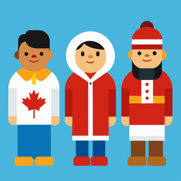 Three people stand side by side, one in a Canada shirt, one in a red parka, and another in a striped hat.