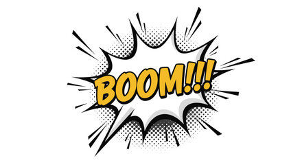 Fototapeta premium Vibrant comic book style explosion featuring the word BOOM in yellow letters with black outlines on white background.
