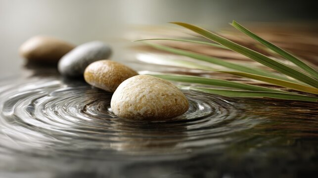 Zen stones and leaves in calm water with gentle ripples