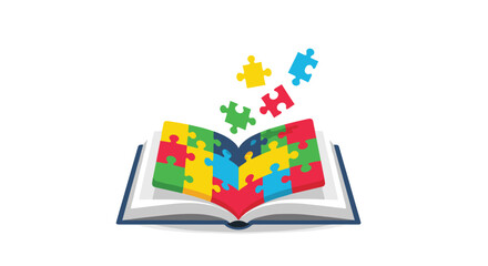 Obraz premium Open book with pages made of colorful puzzle pieces and several pieces floating above it representing education.