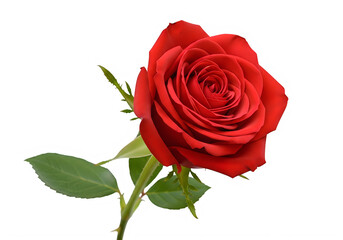 A beautiful red rose with a green stem and leaves on a white background isolated on transparent background