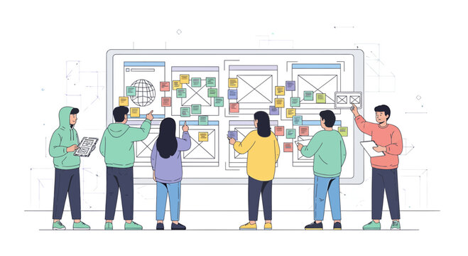 Team Brainstorming User Interface Design on Whiteboard with Sticky Notes
