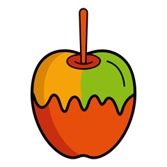 Obraz premium A cartoon green and yellow apple partially dipped in wavy orange and red caramel on a stick, a sweet Halloween treat.