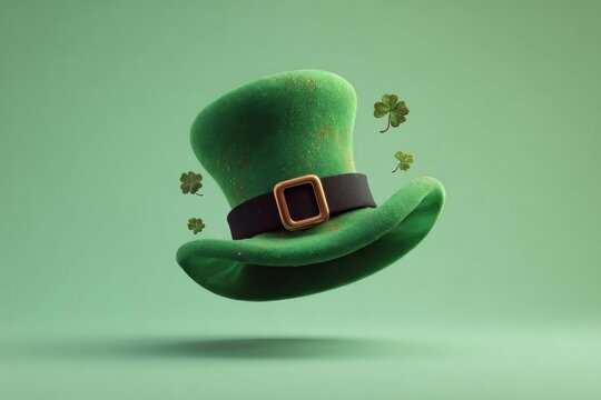 Green Leprechaun Hat Floating with Shamrocks on Gradient Background