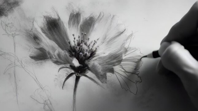 Hand drawing delicate flower petals with graphite pencil on paper