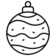 Black and white line art icon of a decorated christmas ball ornament with wavy patterns.