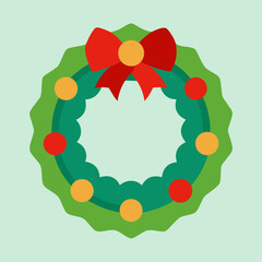 A festive green christmas wreath decorated with a red bow and colorful ornaments.