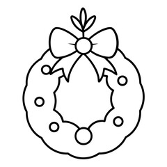 Christmas wreath coloring page icon with a bow and ornaments for holiday decorations.