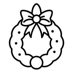 Black and white line art icon of a festive christmas wreath with a bow and ornaments.