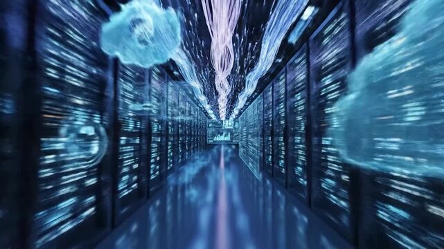 Digital data streams flow through a futuristic server room with holographic