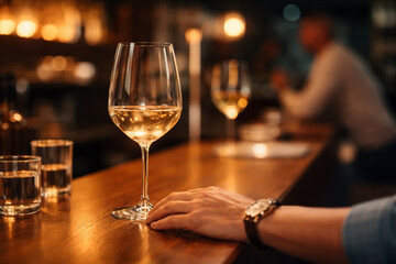 Obraz premium AI generated close up of white wine glass on wooden bar counter with hand and warm ambient lighting creating elegant nightlife and dining atmosphere