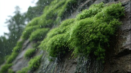 Fototapeta premium Rainfall on Lush Green Moss Covered Rocks Outdoors