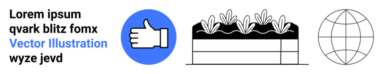 Obraz premium Social media, sustainability, digital communication, environment, technology, global connectivity. A blue thumbs-up icon next to a potted plant and a globe outline. Social media and sustainability