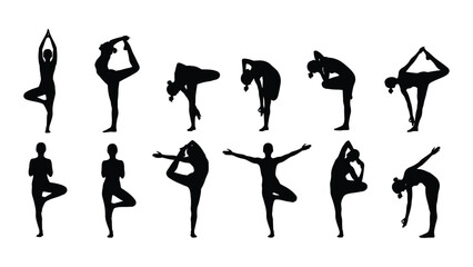 A collection of various yoga poses featuring diverse body positions and styles. isolated on white background, Vector