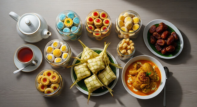 Traditional Malay Festive Feast: Hari Raya Aidilfitri Food Spread with Ketupat, Curry, Dates, and Assorted Cookies
