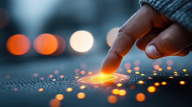 Close Up Human Finger Activating Glowing Digital Interface Connection Point