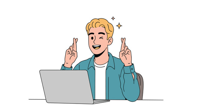 Young blonde man at a laptop computer with his fingers crossed on both hands looking hopeful for a lucky or positive result.