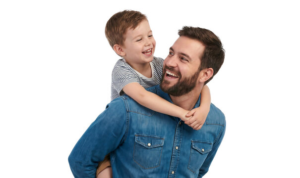 Happy father smiling and carrying his son with care, isolated on white background. PNG