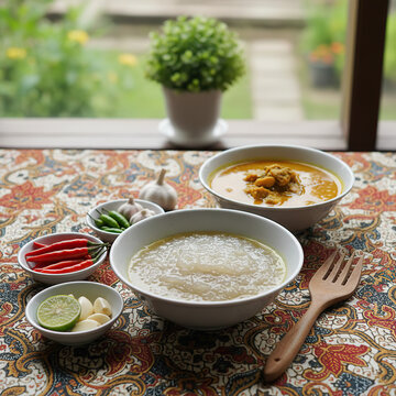 Traditional Indonesian Papeda Sago Porridge and Yellow Fish Soup with Spices