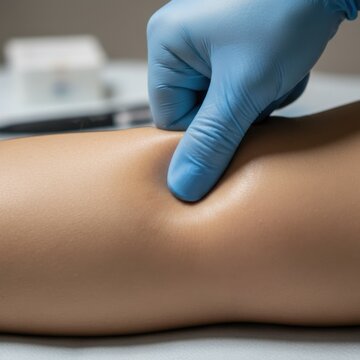 Doctor testing for pitting edema on patient leg