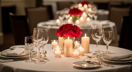 Fototapeta premium Romantic wedding table setting with red roses, candles, and elegant glassware in dim lighting