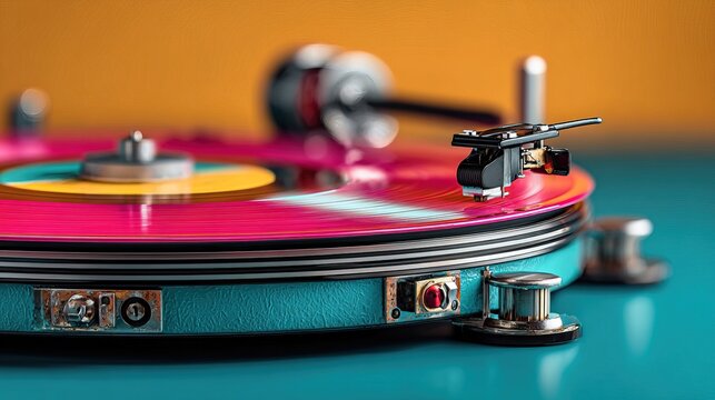 Close-Up Vintage Turntable Record Player with Retro Colors Detail