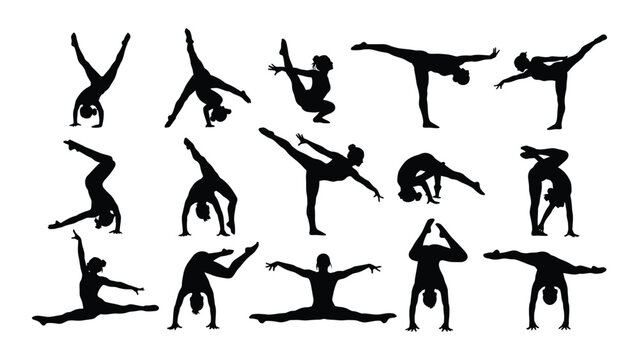 Diverse group of gymnasts performing various acrobatic poses and stunts isolated on white background, Vector