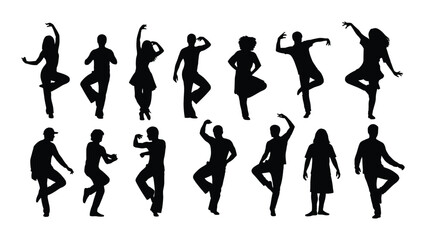 Fototapeta premium Silhouettes of dancers in various poses and styles on a white background isolated on white background, Vector