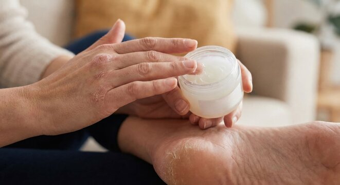 Person applying healing ointment to dry cracked heel