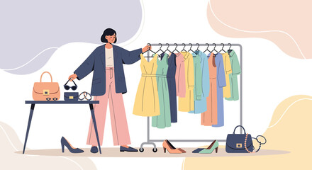 Woman Chooses Outfit from Clothing Rack, Fashionable Style and Accessories