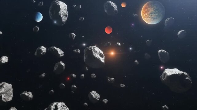 4K video of asteroids and planets in space