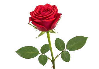 Naklejka premium Vibrant red rose with green leaves isolated on transparent background