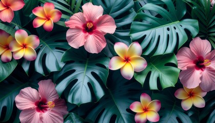 Fototapeta premium Tropical flowers and leaves in a vibrant floral arrangement.