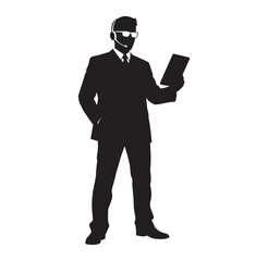 Silhouette of a businessman in a suit holding a tablet and wearing a headset  standing confidently