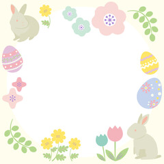 イースターエッグとうさぎと春の植物のかわいいフレーム