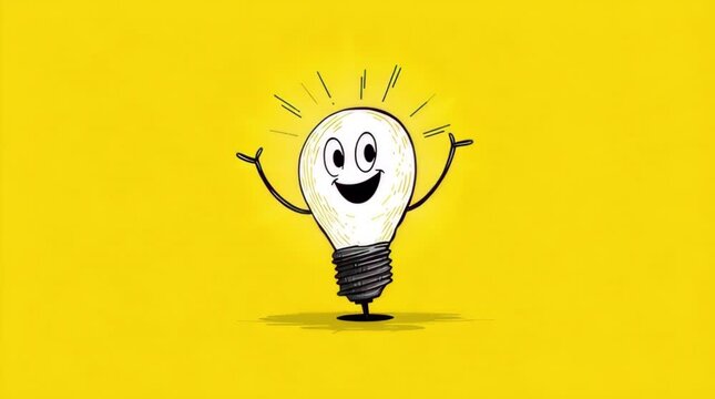 Smiling light bulb character with arms raised on yellow background