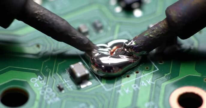 Soldering iron melting shiny solder on green circuit board