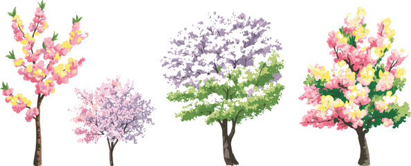 Colorful blooming spring trees illustration set, pastel floral garden and park blossoms isolated on white background, decorative botanical clipart for seasonal design